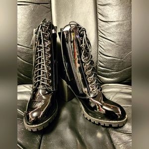 Fashion Nova size 10 Black Patent Chunky Combat High Heel Lace Up Booties